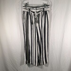 Who What Wear Linen Blend Pants Womens 10 White Striped Pockets Tie Zip Wide Leg